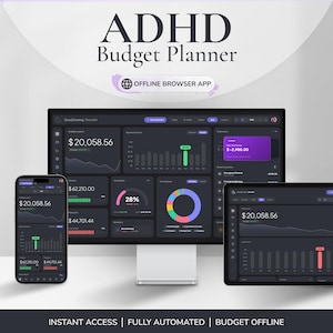 May include: A digital ADHD Budget Planner displayed on a desktop monitor, a smartphone, and a tablet. The dark-themed interface features financial charts, graphs, and data points. Text includes ADHD Budget Planner, OFFLINE BROWSER APP, INSTANT ACCESS, FULLY AUTOMATED, and BUDGET OFFLINE.