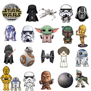 May include: A collection of Star Wars themed stickers featuring various characters and vehicles including Darth Vader, Yoda, R2-D2, C-3PO, Boba Fett, Princess Leia, Chewbacca, BB-8, a TIE fighter, an X-wing starfighter, and the Death Star.