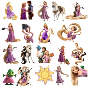 Peut inclure: Une collection d'illustrations numériques représentant des personnages du film Raiponce, incluant Raiponce aux longs cheveux blonds en robe violette, Flynn Rider, le cheval blanc Maximus, le caméléon vert Pascal et un emblème de soleil doré.
