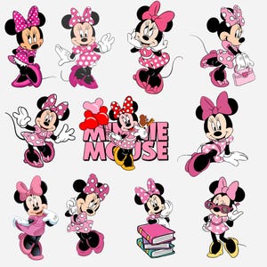 May include: A collection of eleven illustrations of Minnie Mouse in various poses, wearing pink polka-dot dresses and bows. The central graphic features the text MINNIE MOUSE in bold pink letters, accompanied by red and pink heart-shaped balloons.
