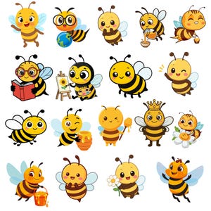Puede incluir: Una colección de dieciséis ilustraciones de abejas de dibujos animados con diversas poses y actividades. Las abejas son amarillas y negras con alas translúcidas, mostradas leyendo, pintando, sosteniendo tarros de miel, usando una corona e interactuando con flores.