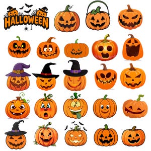 Puede incluir: Una colección de ilustraciones de calabazas naranjas con varias caras talladas de jack-o'-lantern, algunas con sombreros de bruja negros, junto a un gráfico de texto negro que dice HALLOWEEN con siluetas de murciélagos.