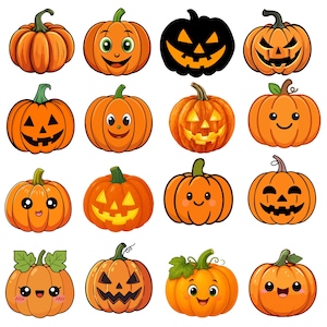 May include: A collection of sixteen orange pumpkins arranged in a four-by-four grid. The pumpkins feature various designs, including plain gourds, jack-o'-lanterns with carved faces, and pumpkins with cute, smiling cartoon expressions and green leaves.
