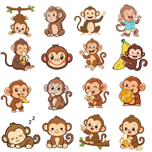 May include: A collection of sixteen cartoon monkey illustrations in various poses, including hanging from a branch, eating bananas, holding a gold coin with a dollar sign, waving, sleeping with Z symbols, and sitting with different facial expressions.