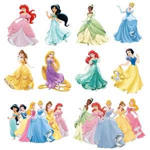 May include: A collection of animated princess characters depicted in various colorful gowns, including red, blue, green, yellow, and purple dresses. The figures are shown individually and in two group arrangements, featuring diverse hairstyles and poses.