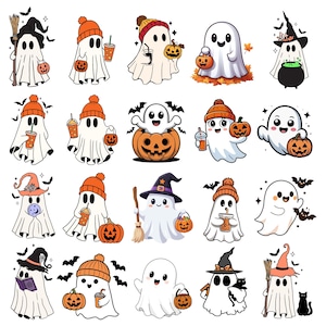 Op de afbeelding: Een verzameling van twintig cartoon-geestillustraties met diverse Halloween-thema's. De witte geesten zijn afgebeeld met oranje mutsen, heksenhoeden, pompoenen, bezems, zwarte katten, boeken en drankjes, omringd door vleermuizen en bladeren.