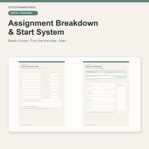 May include: A digital and printable assignment breakdown and start system planner with a beige background and dark green accents. The document features sections titled Build the Action Path and Start for 10 Minutes with blank fields for task planning.