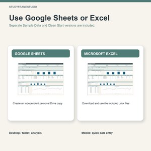 May include: A digital product guide titled Use Google Sheets or Excel by STUDYFRAMESTUDIO. It features two sections for Google Sheets and Microsoft Excel, each showing a data dashboard preview, with instructions for creating a copy or downloading files.