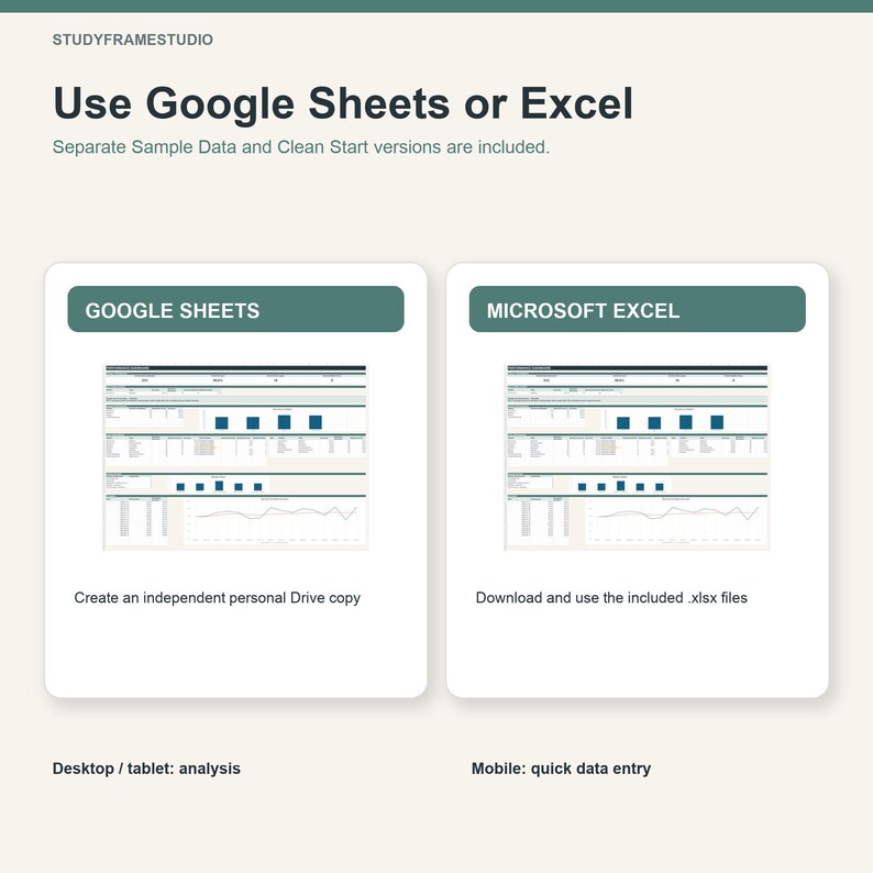 May include: A digital product guide titled Use Google Sheets or Excel by STUDYFRAMESTUDIO. It features two sections for Google Sheets and Microsoft Excel, each showing a data dashboard preview, with instructions for creating a copy or downloading files.