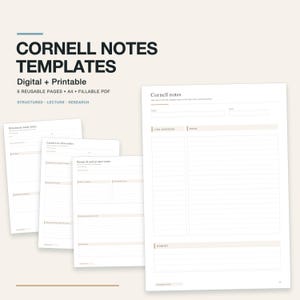 Könnte beinhalten: Cornell-Notizvorlagen als digitale und druckbare, ausfüllbare A4-PDF-Seiten. Das Set enthält sechs wiederverwendbare Seiten mit strukturierten Layouts für Vorlesungs- und Forschungsnotizen, die Überschriften wie Topic, Date, Class/Questions und Summary zeigen.