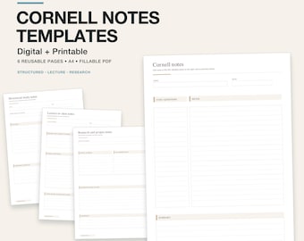 Plantilla para tomar apuntes en PDF, método Cornell y apuntes de clase, paquete imprimible de apuntes de estudio universitarios
