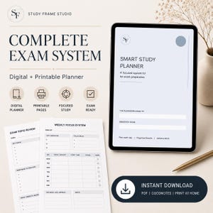 Op de afbeelding: Een digitaal en printbaar examenplannersysteem met een tablet waarop een slimme studieplanner wordt weergegeven, naast geprinte pagina's voor examenonderwerpen en wekelijkse focus. De tekst bevat Complete Exam System en Instant Download.