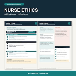 May include: A two-page clinical quick reference guide titled Nurse Ethics, featuring the 2025 ANA Code with 10 provisions. The document uses a dark teal, light blue, and cream colour scheme to organise information on nursing responsibilities.