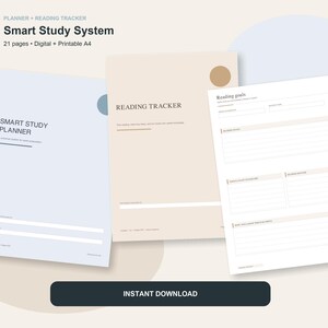 Op de afbeelding: Een digitale en printbare A4 Smart Study System planner en lees-tracker set met 21 pagina's. De documenten bevatten een lichtblauwe omslag met de titel Smart Study Planner, een beige Reading Tracker-pagina en een wit Reading Goals-werkblad.