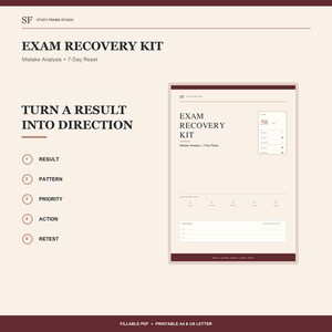 Puede incluir: Un kit de recuperación de exámenes como plantilla digital sobre fondo beige con texto granate oscuro. El diseño incluye un proceso de cinco pasos: Resultado, Patrón, Prioridad, Acción y Retest. Una vista previa del documento imprimible muestra campos para el seguimiento de puntuaciones.