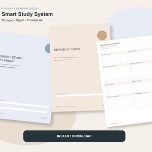 May include: A digital and printable A4 Smart Study System set featuring 20 pages. The collection includes a light blue Smart Study Planner, a beige Revision Cards cover page, and a white Revision card sheet 1 with lined sections for study notes.