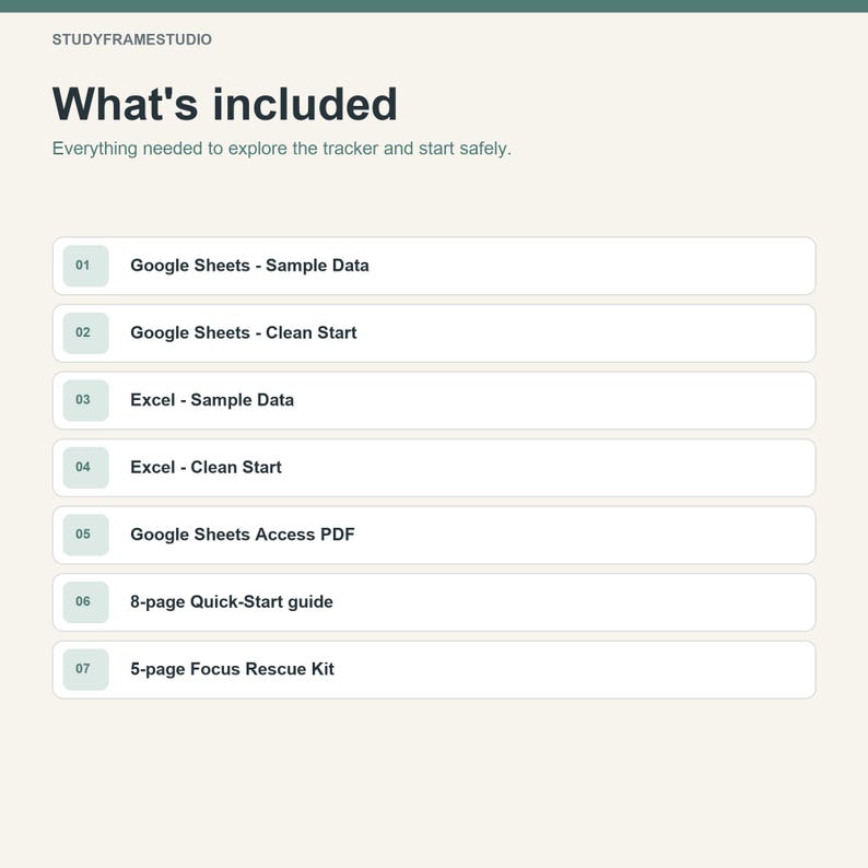 May include: A digital product list titled What's included from STUDYFRAMESTUDIO. It details seven items: Google Sheets Sample Data, Google Sheets Clean Start, Excel Sample Data, Excel Clean Start, Google Sheets Access PDF, 8-page Quick-Start guide, and 5-page Focus Rescue Kit.