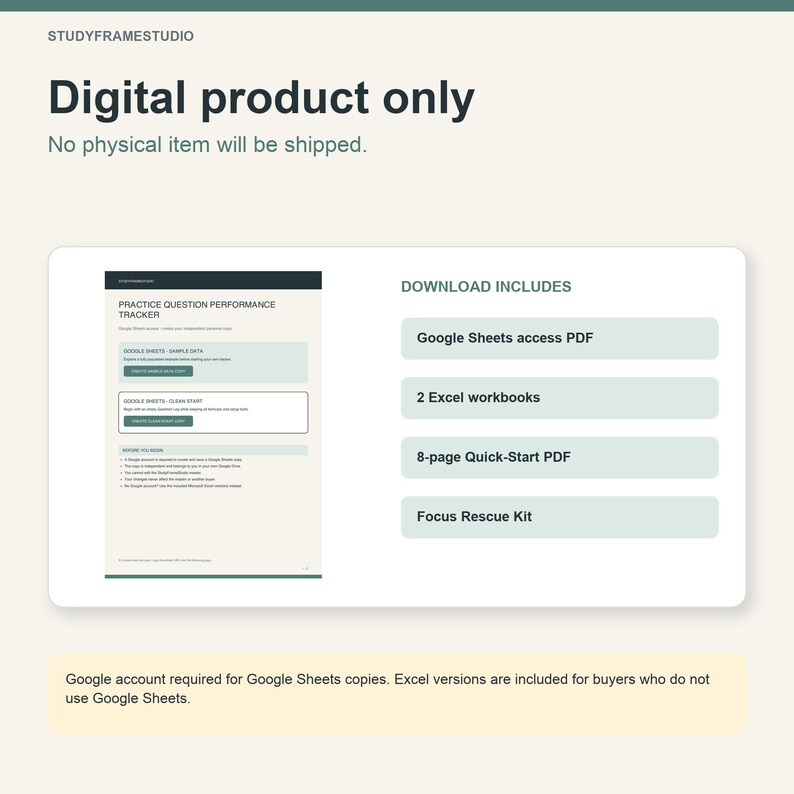 May include: A digital product listing for a Practice Question Performance Tracker. The image displays text stating Digital product only, No physical item will be shipped, and lists download contents including a Google Sheets access PDF, 2 Excel workbooks, an 8-page Quick-Start PDF, and a Focus Rescue Kit.