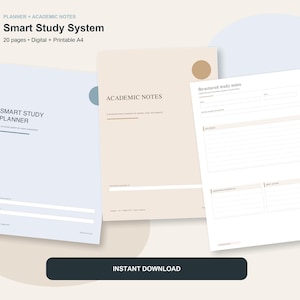 May include: A digital and printable A4 Smart Study System featuring three pages: a light blue Smart Study Planner, a beige Academic Notes page with a circular graphic, and a white page titled Structured study notes with lined sections.
