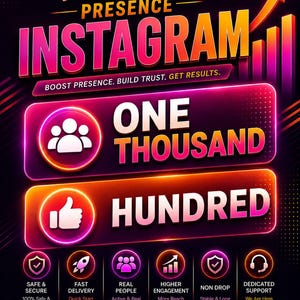 Pode incluir: Um gráfico digital promovendo serviços de crescimento no Instagram com texto em estilo neon que diz Grow Your Presence Instagram, One Thousand e Hundred. Inclui ícones de pessoas, um polegar para cima e benefícios do serviço.