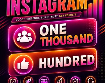 Può includere: Una grafica digitale che promuove servizi di crescita su Instagram con testo in stile neon che recita Grow Your Presence Instagram, One Thousand e Hundred. Include icone di persone, un pollice in su e vari vantaggi del servizio.