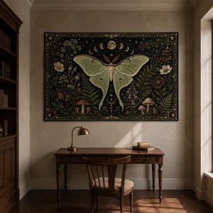 Väggtapet med Luna Moth och himmelska månfaser, vintage botaniska växter och personlig dekor