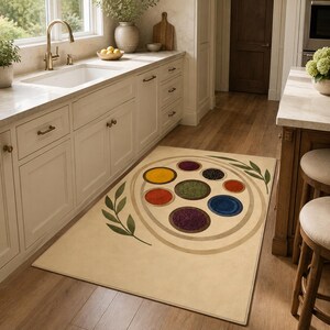 Kitchen Rug with Colorful Spices and Olive Branches, Washable Non-Slip Microfiber Botanical Floor Mat