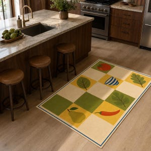 Retro Vegetable Kitchen Rug, Tomato Chili Pear Checkerboard with Blue Border, Washable Non-Slip Microfiber