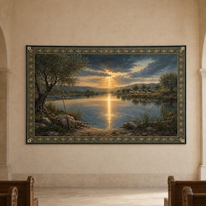 May include: A rectangular wall tapestry featuring a landscape scene of a lake at sunset with a shepherd's crook leaning against a tree on the shore. The image is framed by a dark, ornate border with gold patterns and four metal grommets at the corners.