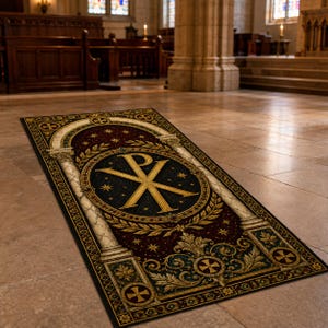 Può includere: Un tappeto rettangolare con un simbolo Chi Rho dorato centrale su uno sfondo bordeaux scuro con stelle dorate. Il design include colonne architettoniche decorate, ghirlande di alloro e motivi a croce circolare in oro e verde scuro.