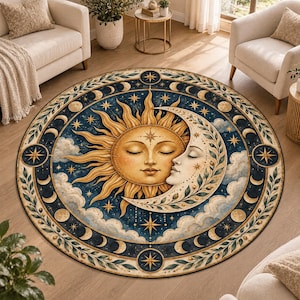 May include: A round area rug featuring a central sun and crescent moon with human faces, surrounded by a dark blue sky with clouds, stars, and a border of moon phases and leafy vines in shades of gold, cream, and deep blue on a circular base.
