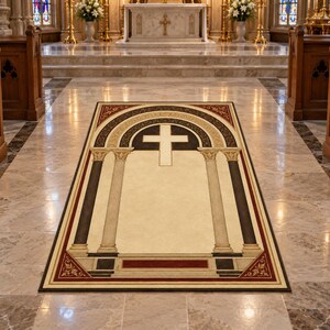 May include: A rectangular area rug featuring a central cream-coloured field with a large white cross centred within a dark archway design. The rug is framed by architectural columns and decorative borders in shades of deep red, black, and gold.