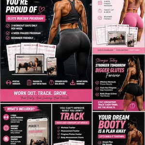 Puede incluir: Un anuncio de programa de entrenamiento de glúteos con texto que incluye BUILD A BOOTY YOU'RE PROUD OF, 3 WORKOUT DAYS ONLY PER WEEK, 4 WEEK PHASED PROGRAM, BEGINNER FRIENDLY, WORK OUT. TRACK. GROW. y WHAT'S INCLUDED? junto a varias hojas de seguimiento.