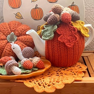 Crochet Acorn Teapot Cozy, Handmade Fall Tea Cozy, Autumn Leaves Teapot Cover, Thanksgiving Kitchen Decor, Tea Lover Gift