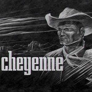 Peut inclure: Une illustration graphique en noir et blanc représentant un cow-boy portant un chapeau à larges bords et un foulard. L'arrière-plan montre un paysage désertique avec des mesas sous un ciel strié. Le mot cheyenne est imprimé en blanc.