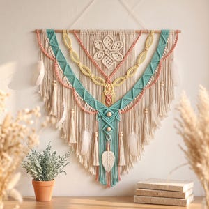 Large Macrame Wall Hanging, Boho Fiber Art Tapestry with Feathers, Pastel Home Decor