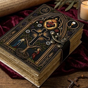 Puede incluir: Un libro grueso de tapa dura con cubierta negra que presenta ilustraciones religiosas en dorado y color, incluyendo una cruz central, un corazón llameante y figuras. El libro tiene un cierre de metal, páginas de borde irregular y una llave.