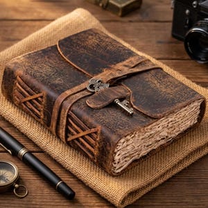 Pode incluir: Um diário de couro castanho escuro com acabamento desgastado, apresentando uma tira envolvente fixada por um fecho de metal em forma de chave. O diário tem uma encadernação em ponto cruz visível na lombada e nas bordas, com páginas de papel creme texturizado.