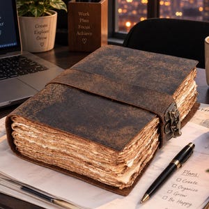 May include: A thick, rectangular journal with a distressed dark brown leather cover and a metal latch closure. The journal features numerous deckle-edged, cream-colored pages. It rests on a desk alongside a black ballpoint pen and white paper.