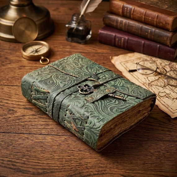 Floral Embossed Leather Journal with Key, Rustic Travel Personalized Vintage Writing Notebook