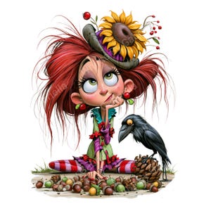 Op de afbeelding: Een cartoonillustratie van een personage met warrig rood haar en een hoed versierd met een grote gele zonnebloem en rode bessen. Het personage draagt een groen en paars outfit en zit naast een zwarte kraai en een hoop bruine eikels.