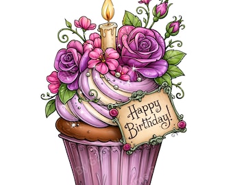 Paquete de imágenes prediseñadas de postres con diseño de cupcakes de cumpleaños en formato PNG (descarga digital).