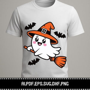 May include: A white t-shirt featuring a graphic of a smiling white ghost wearing an orange witch hat, flying on an orange broomstick, surrounded by three black bats. The text AI, PDF, EPS, SVG, DXF, PNG is printed at the bottom of the image.