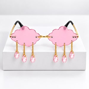 Pink Cloud Sunglasses, Rimless Cloud-Shaped Frames with Raindrop Tassels, Novelty Fun Sunglasses for Women, Festival Accessory, Girls Gift