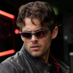 Pode incluir: Uma pessoa com cabelo castanho ondulado usa óculos de sol metálicos escuros com lentes vermelho-escuras. A armação apresenta um design envolvente com detalhes laterais distintos. A pessoa veste uma jaqueta de couro preta com forro vermelho visível.