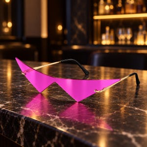 Può includere: Occhiali da sole senza montatura con lenti triangolari rosa acceso e sottili aste in metallo dorato. Gli occhiali presentano terminali in plastica nera e un design angolare distintivo che crea una silhouette appuntita sul davanti.