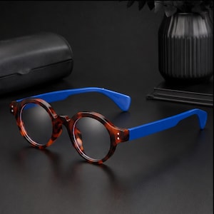 Tjocka runda glasögon i vintagestil, blå med leopardmönster, runda bågar, retromodeglasögon, snygga vardagsglasögon för män och kvinnor