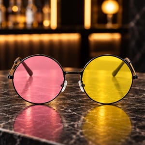 May include: Round-frame glasses featuring a thin black metal frame and mismatched lenses, with one lens in a vibrant pink hue and the other lens in a bright yellow colour. The glasses have clear nose pads and thin black metal temples.