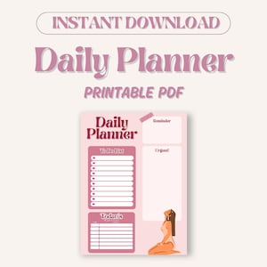 Peut inclure: Un planificateur quotidien PDF imprimable avec un fond rose clair et du texte rose foncé. La mise en page comprend des sections pour une liste de tâches, des rappels, des urgences et des rendez-vous, illustrée par une personne.