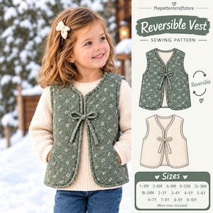 May include: A reversible vest sewing pattern by Thepatterncraftstore featuring a green floral quilted side and a solid cream side. The design includes a front tie closure and is available in sizes ranging from 1-3M to 10Y.